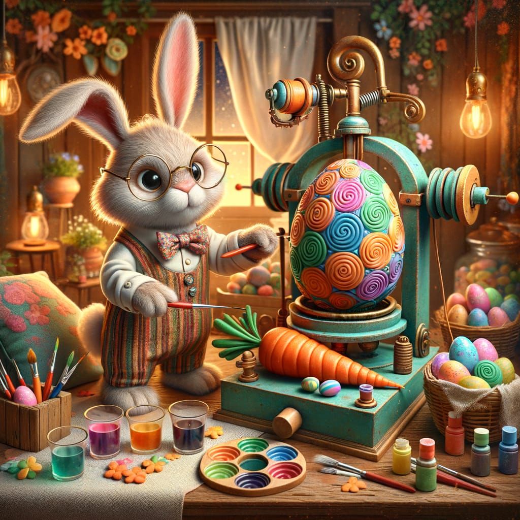 Easter Bunny Crafts Vibrant Eggs in Whimsical Workshop