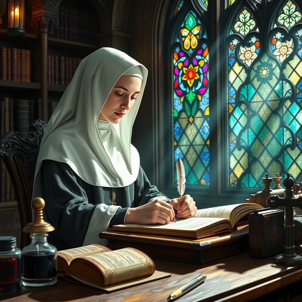 Medieval Nun Writes in Serene Scriptorium with Vibrant Inks...