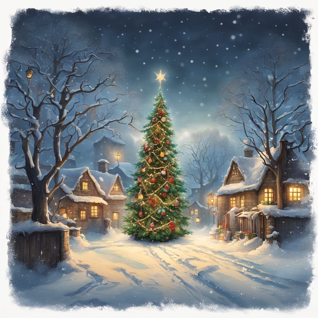 Cozy Winter Village with Festive Christmas Tree