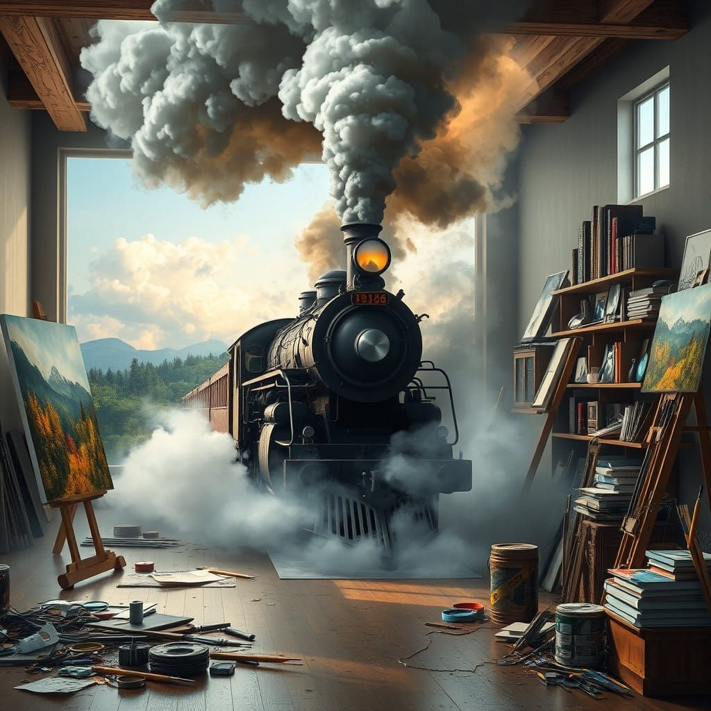 Steam Train in a Luxurious Art Studio