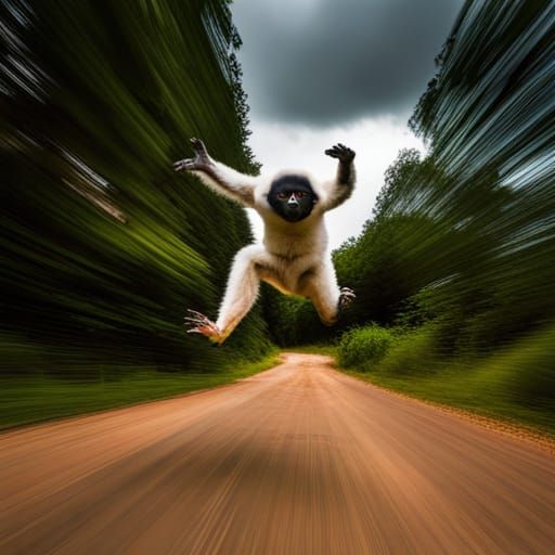 Sifaka Leaping Down a Road in Hyperrealistic Style