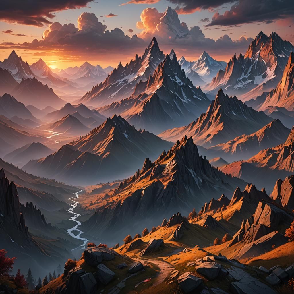Mountains at Sunset: Detailed Matte Painting