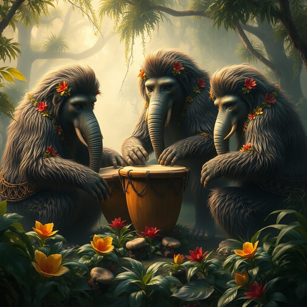 Majestic Mammuths in Jungle Drum Circle, Classical Painting