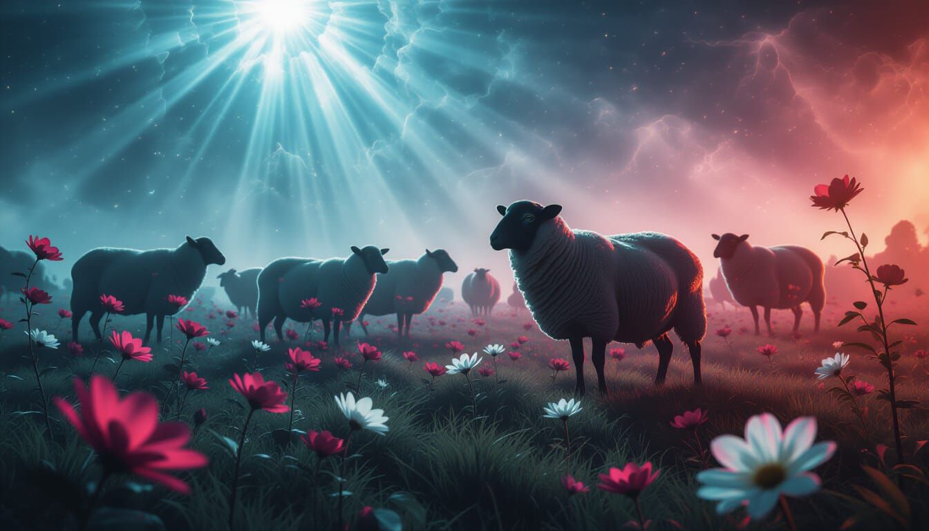 Alien Sheep Herd in Cosmic Flower Meadow Double Exposure