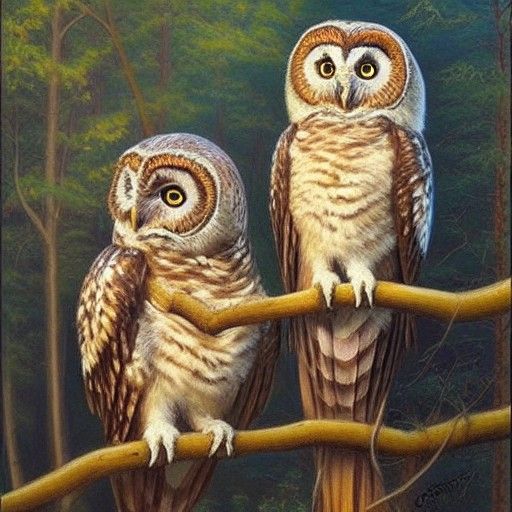 Dreamy Owls in Oil Painting Style