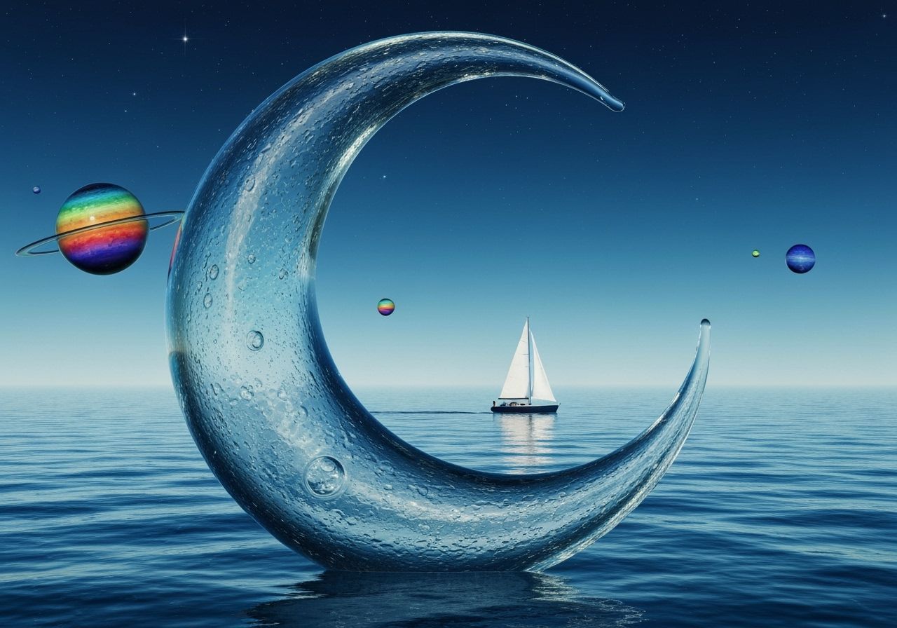 Glass Moon Sculpture Over Calm Sea At Night