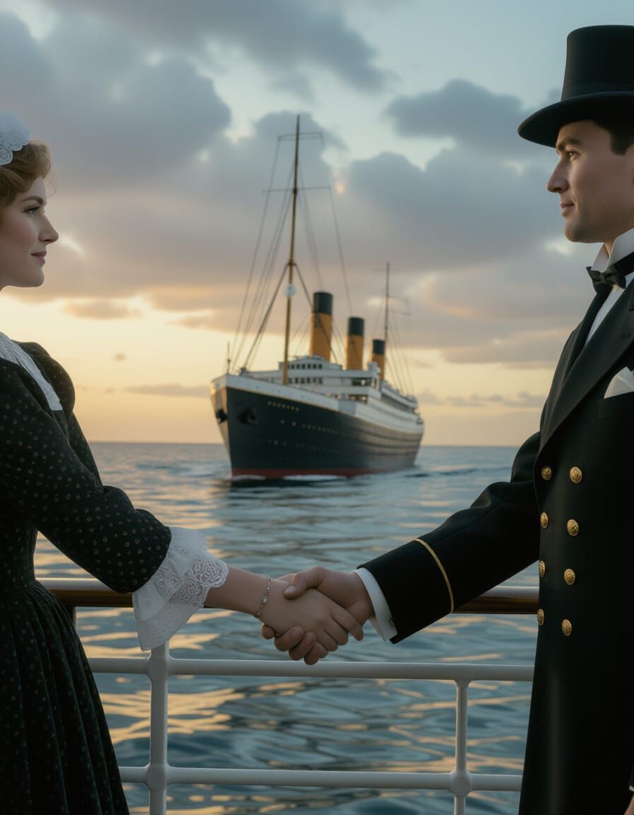 Titanic Couple Holding Hands in 1912 Cinematic Scene