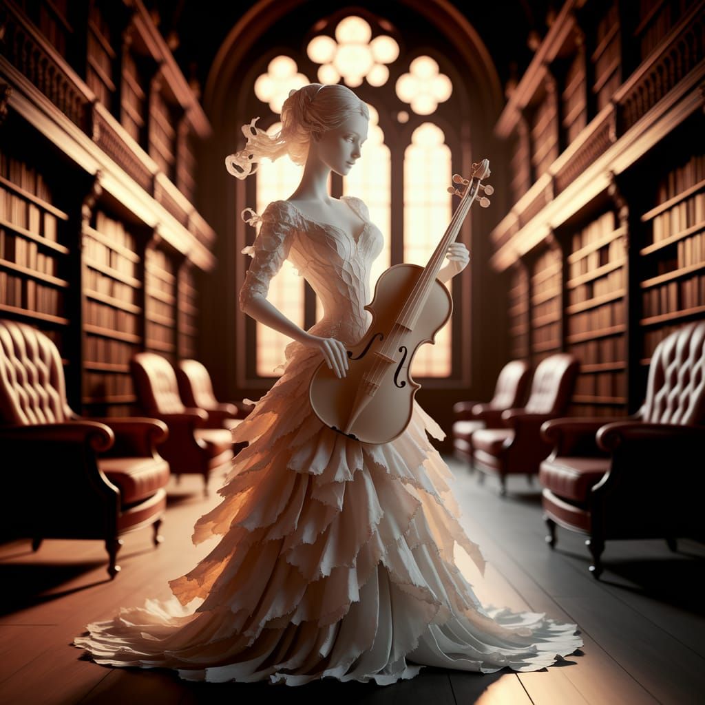 Paper Lady Serenades Library in Golden Light