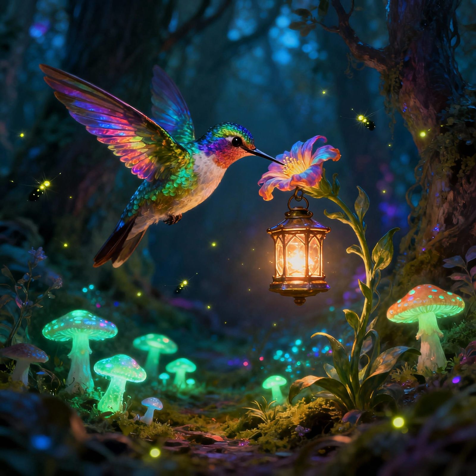Whimsical Hummingbird Sips Nectar From Glowing Lantern Flowe...