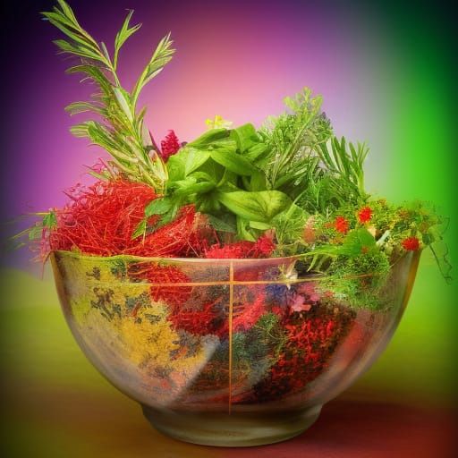Hyperrealistic Mixing Bowl with Herbs Splash Art