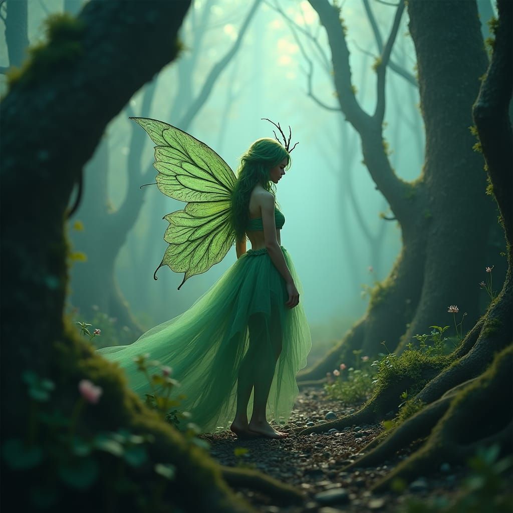 Mystical Green-Haired Fairy in Foggy Forest