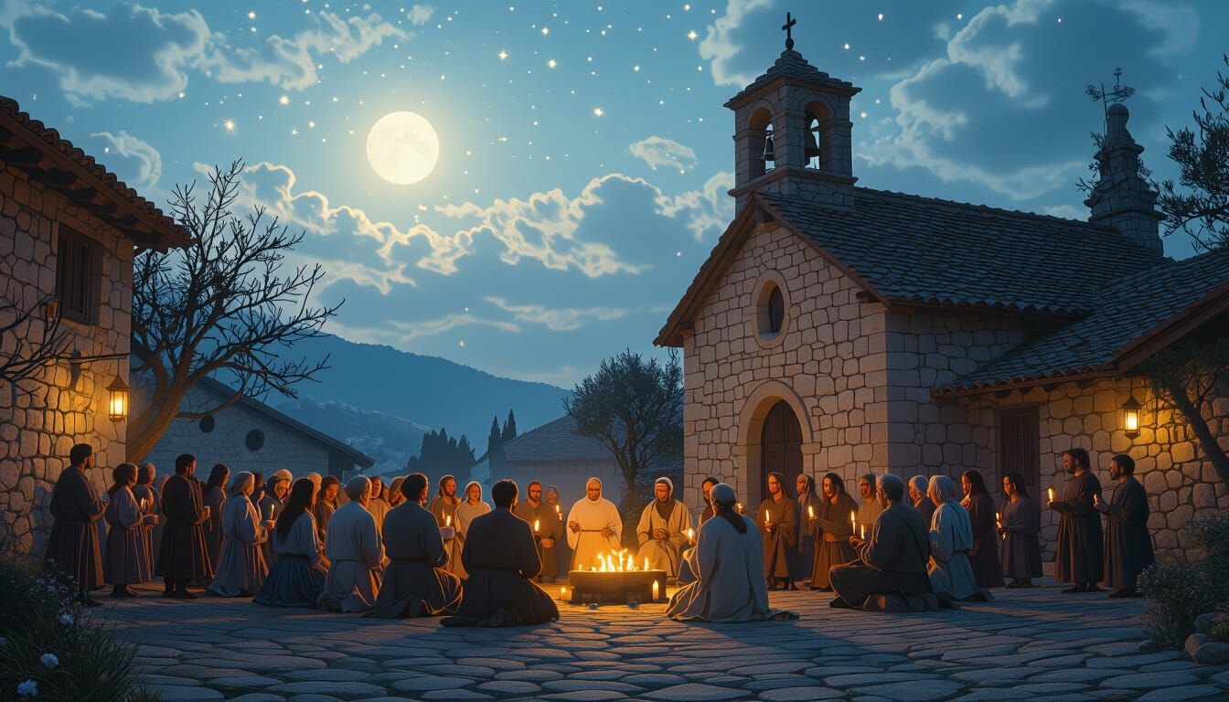 Medieval Village Feast Day Under Starlit Sky