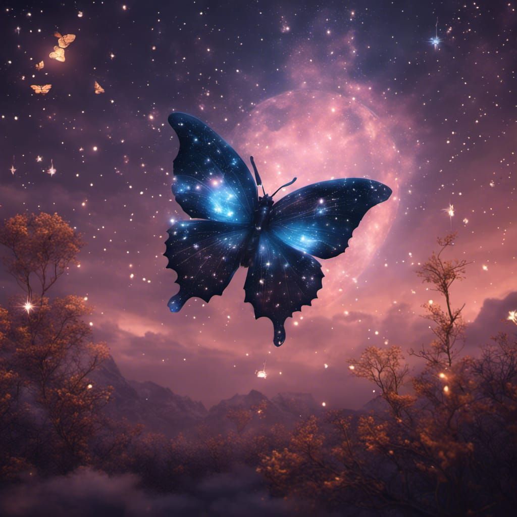 Celestial Butterfly Shimmers in Starry Night Sky