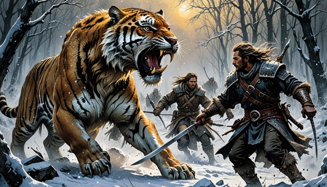Neolithic Hunters Confront Saber-Toothed Tiger