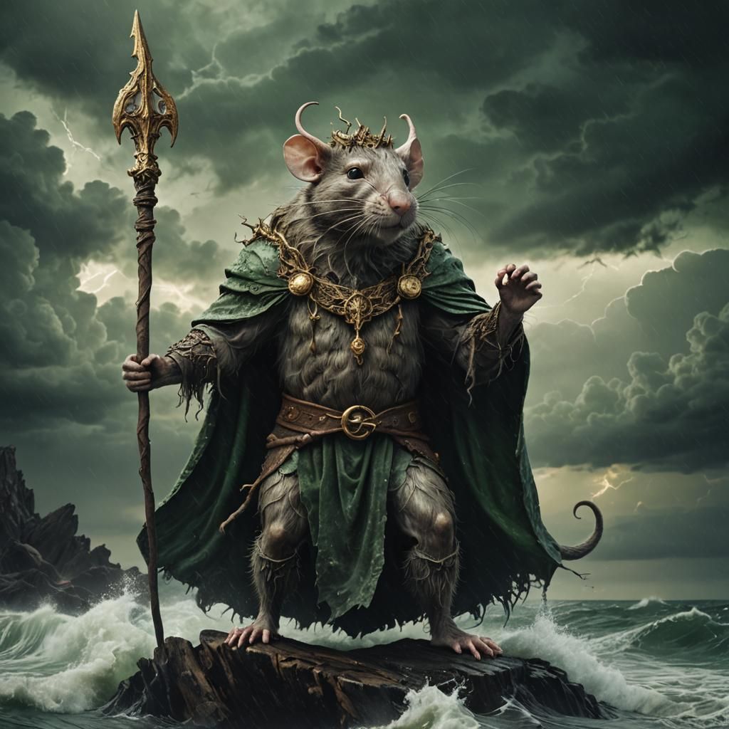 English Rat God on Stormy Ocean in Dark Fantasy Art