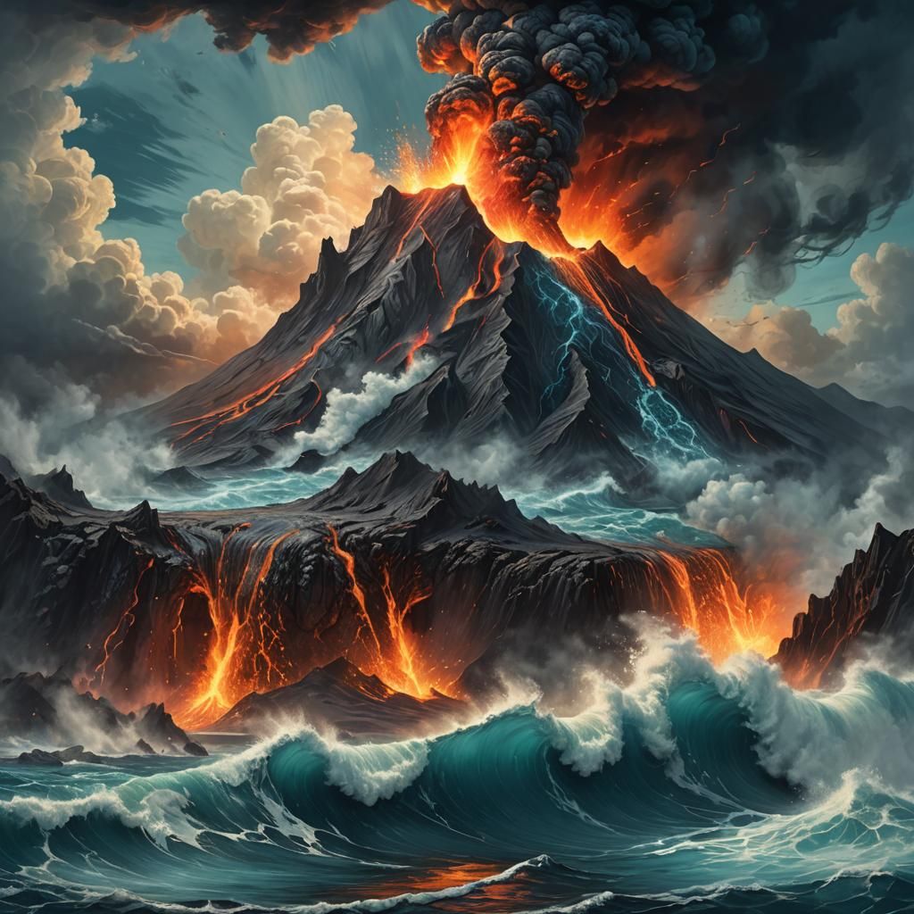 Volcanic Eruption Over Dark Turquoise Ocean