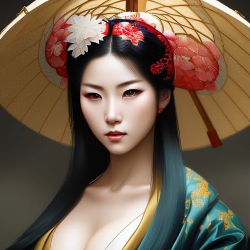 Muscular Geisha Portrait in Hyperdetailed Japanese Art Style