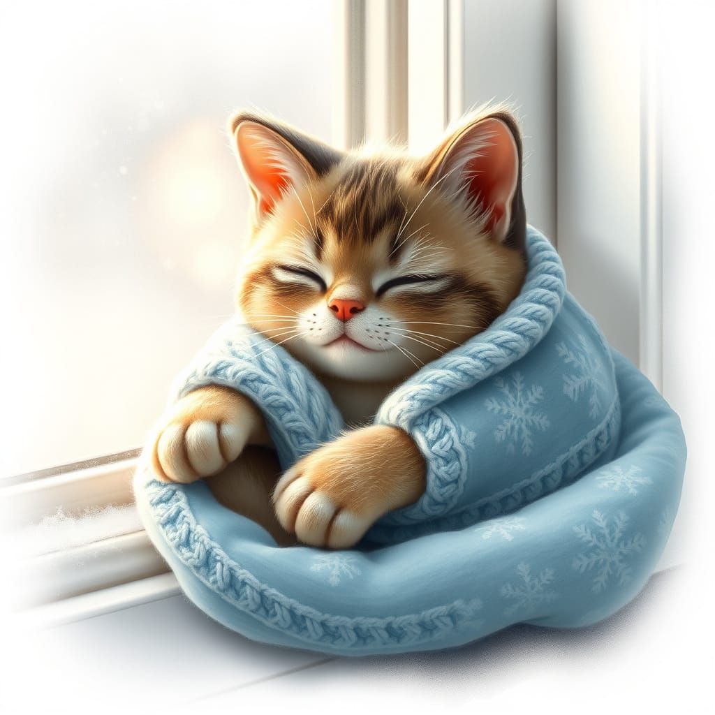 Whimsical Plush Cat in Winter Wonderland, Mixed Media Art