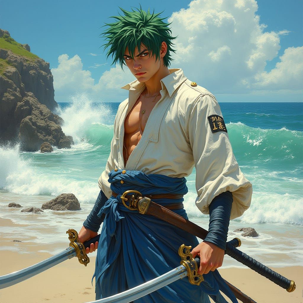 Epic One Piece Pirate Zoro Stands Heroic on Scorching Coastl...