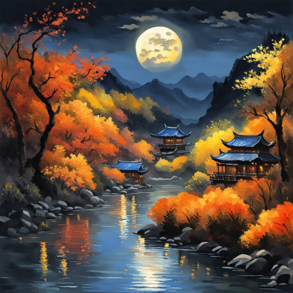 Epic Gouache Watercolor Masterpiece of Autumn Moonlit Chines...