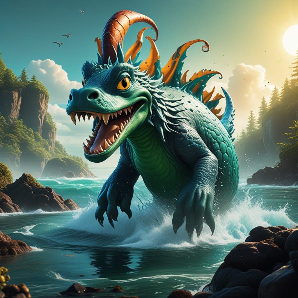 Vibrant Fantasy Art: Cute Critters vs. Sea Monster in Whimsi...