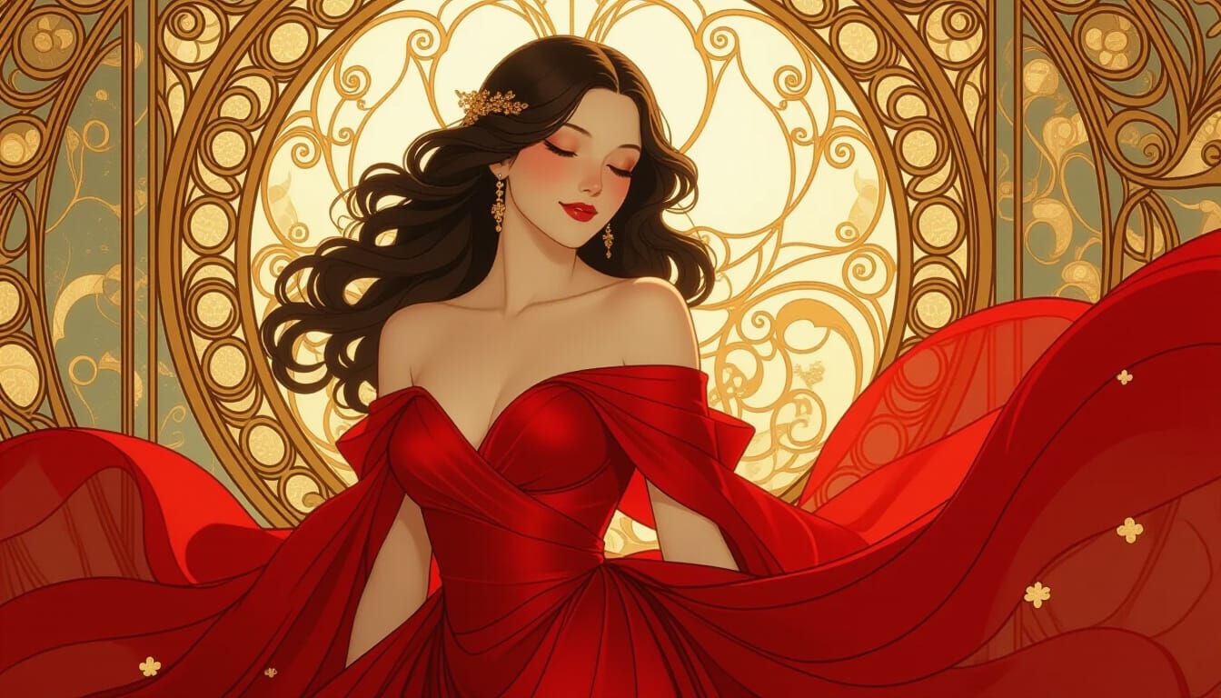 Woman in Red Dress with Golden Light, Art Nouveau