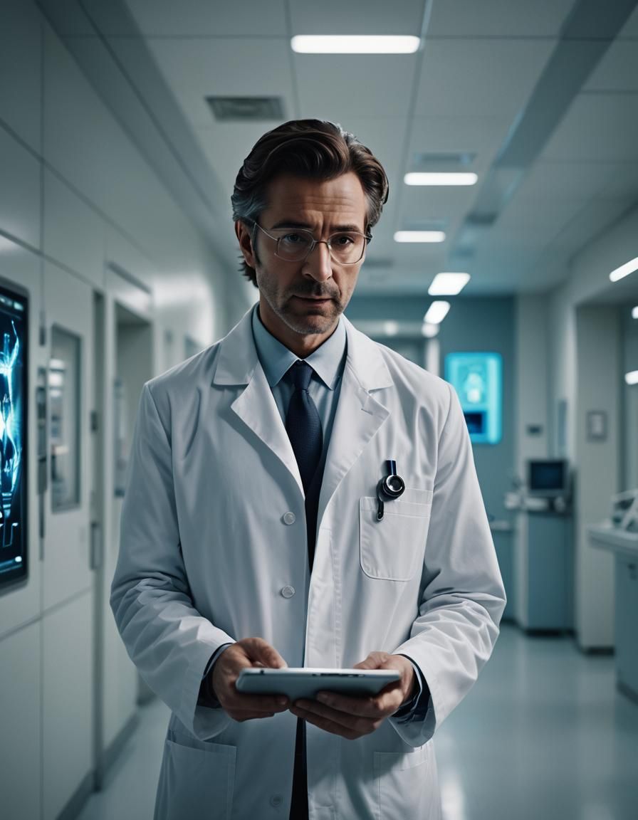 Doctor Contemplating AI Interface in Hospital Corridor