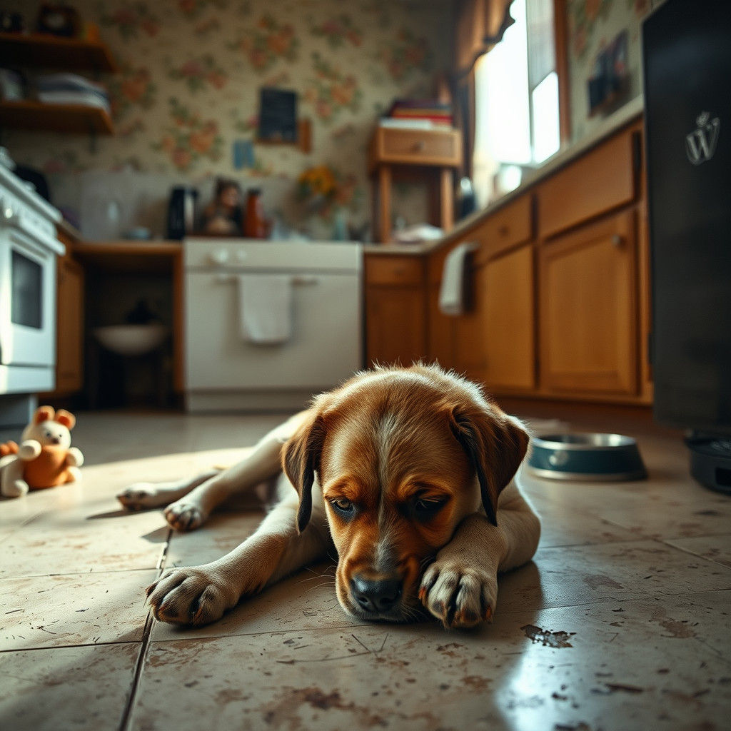 Sad Puppy in Cluttered Kitchen, Candid Photography
