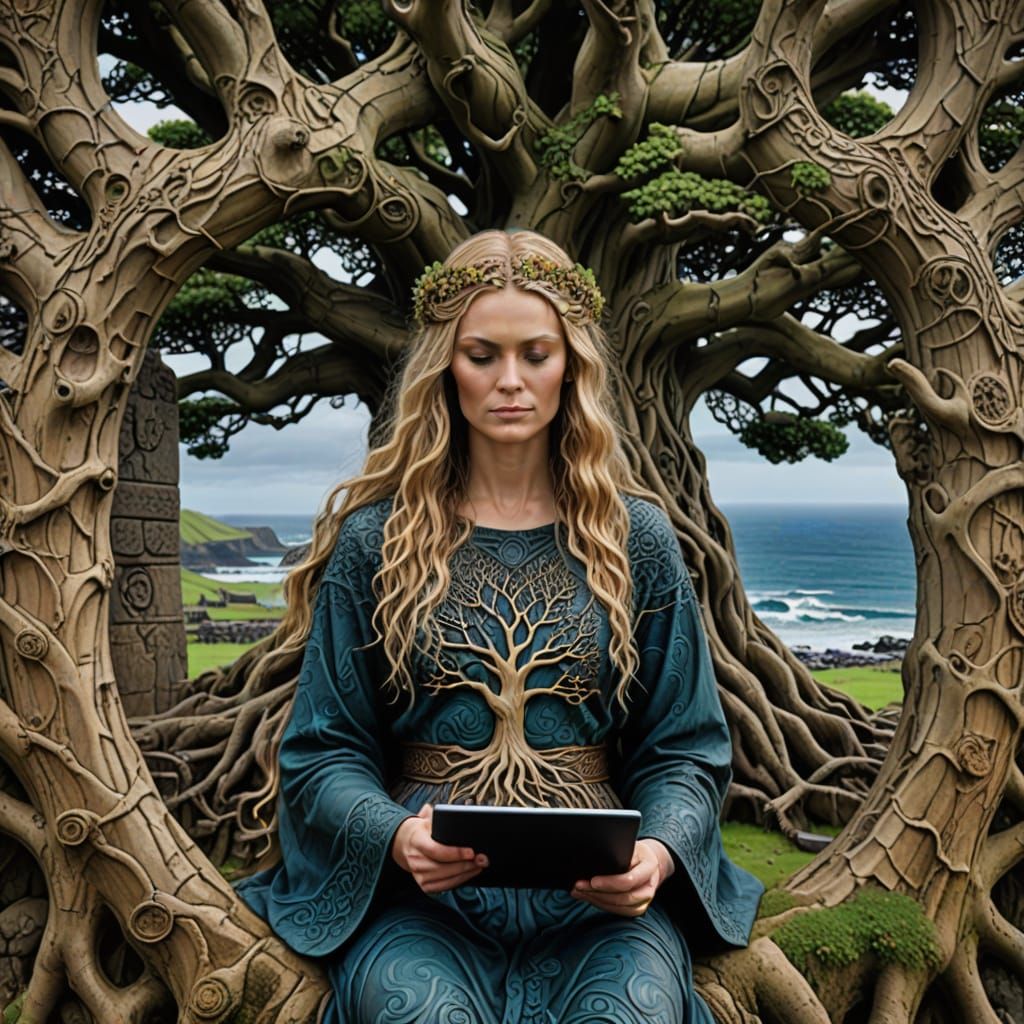 Serene Celtic Goddess Danu Works Amidst Ancient Tree of Life