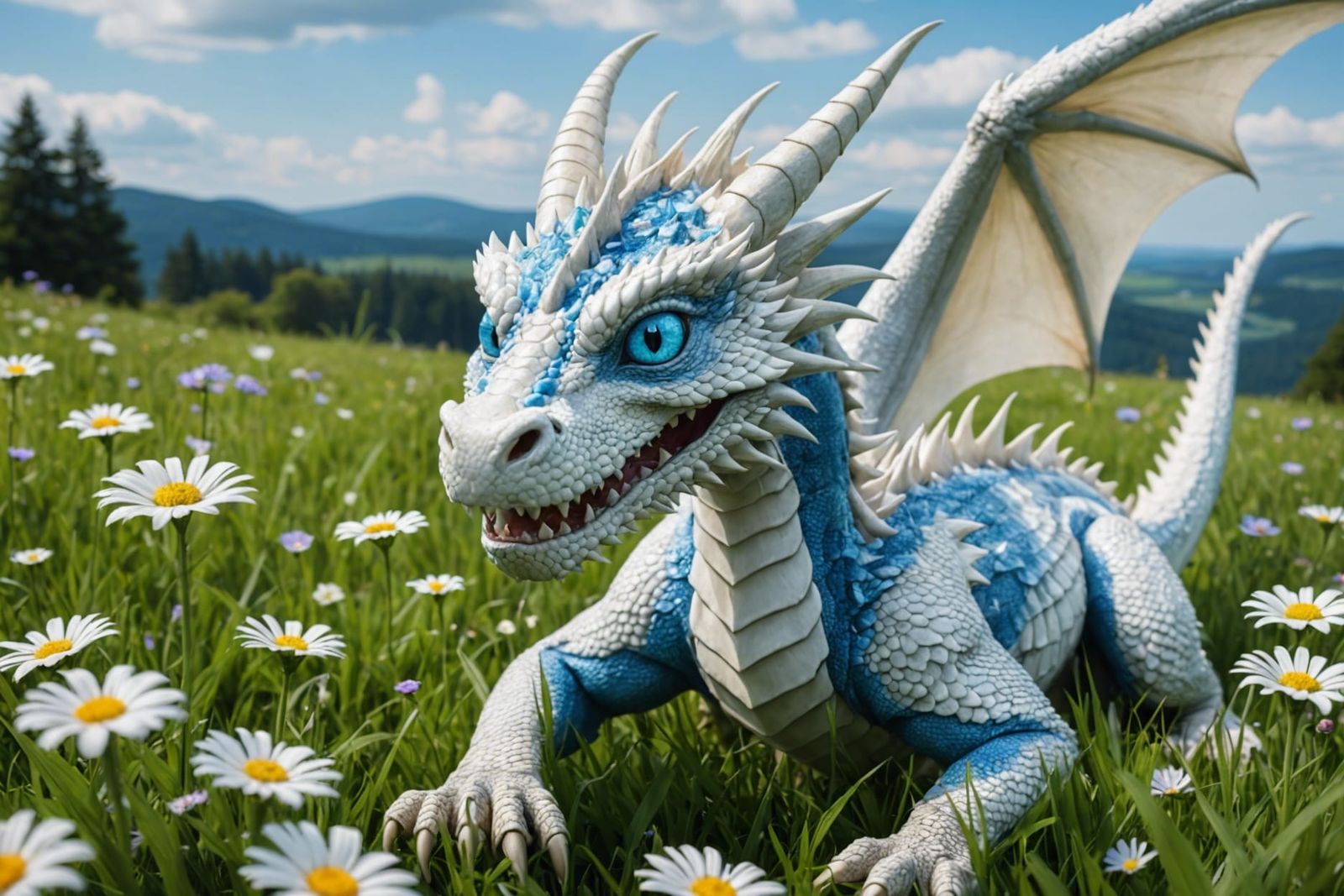 white dragon with blue eyes. grassy field with flowers in the background.