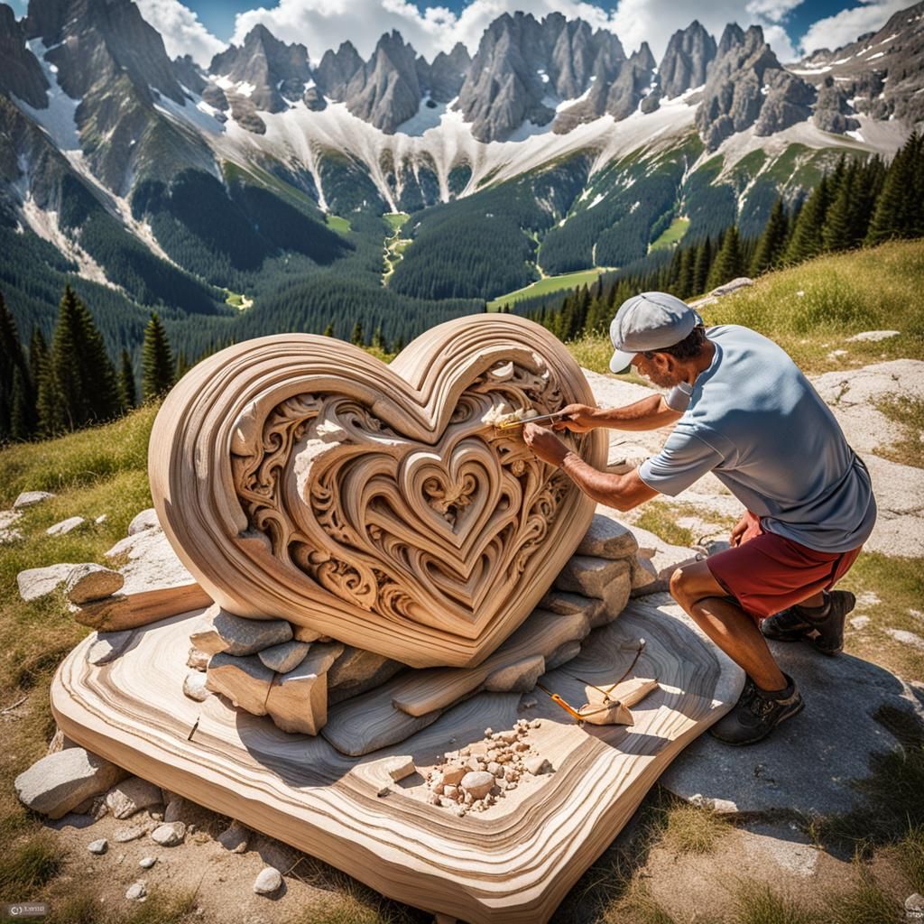 Woodcarver Creates a Heart in the Alps