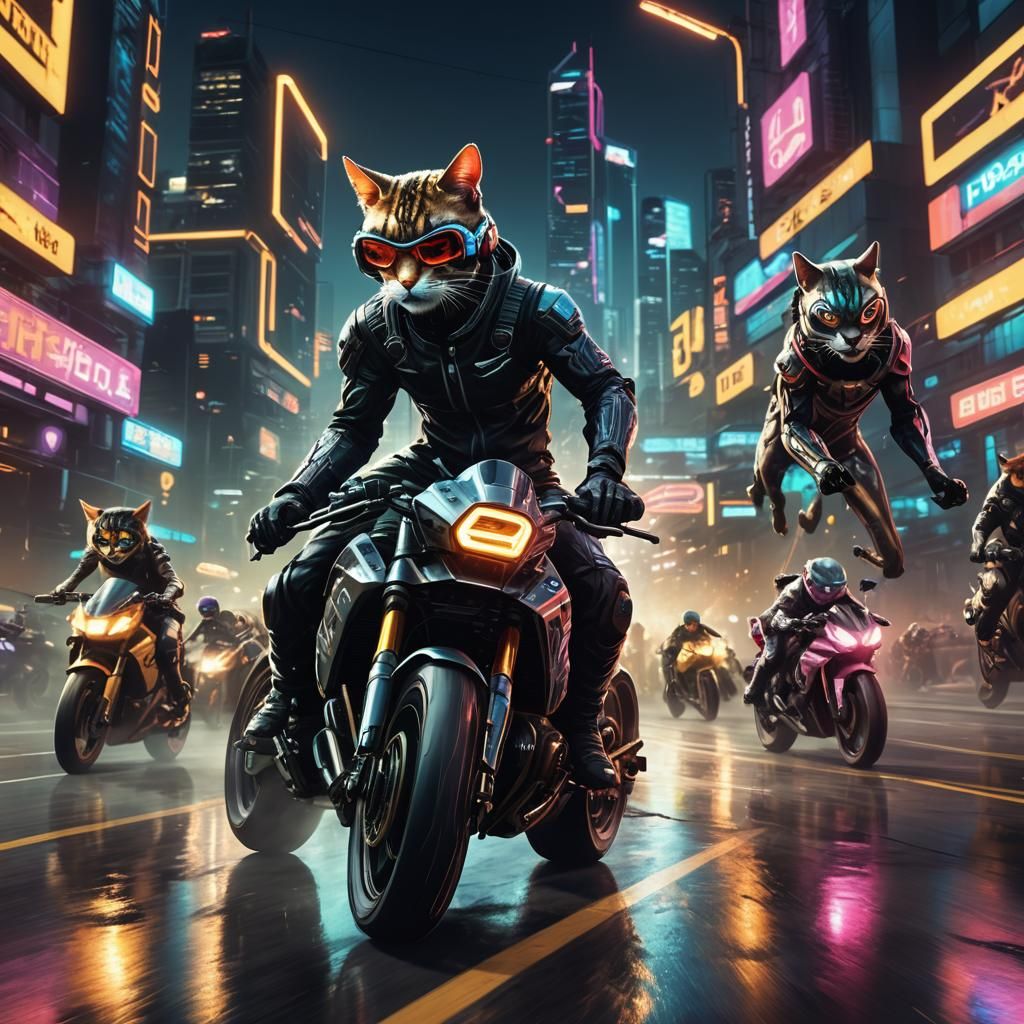 Cyberpunk Cat Zooms into the Lead on Motorcycle
