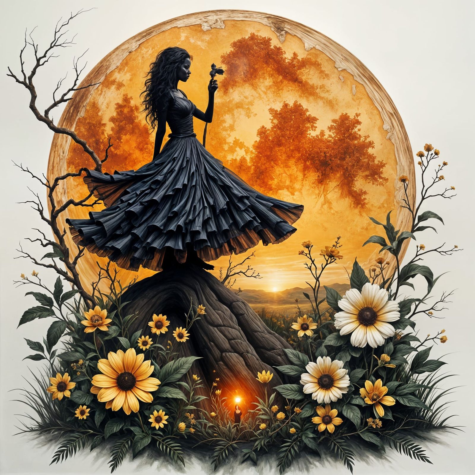 Woman Silhouetted Against Fiery Sunset