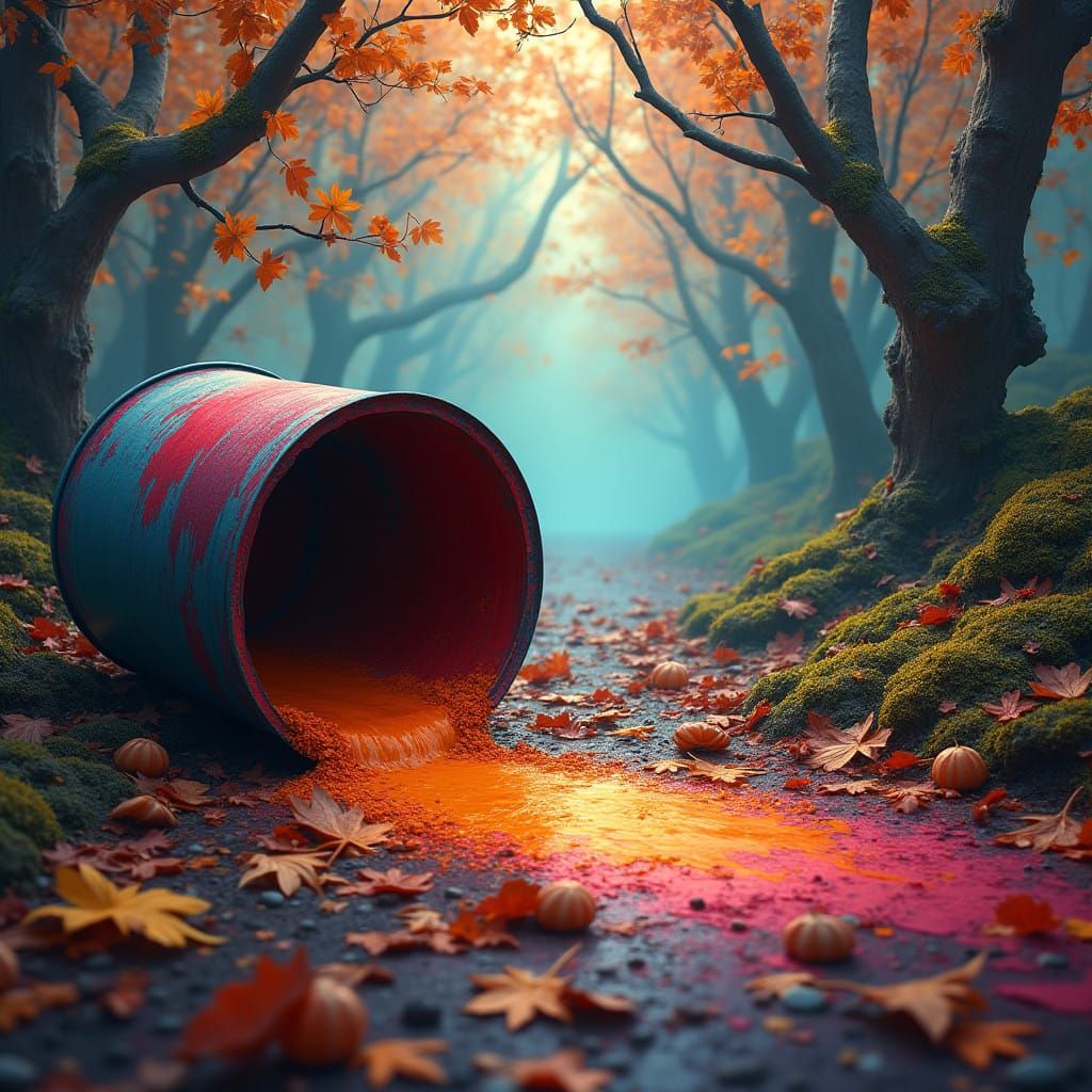 Vibrant Autumn Scene with Spilled Paint and Foliage