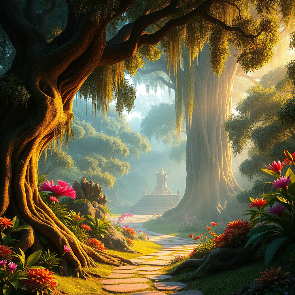 Mystical Park in Golden Light: Fantasy Concept Art