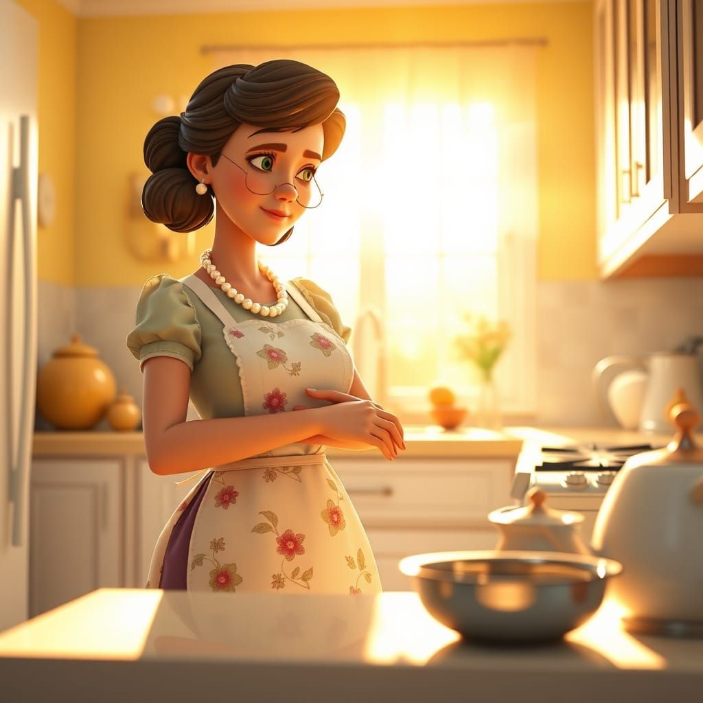 Timid Homemaker's First Breakfast: Pixar-Style 3D Render