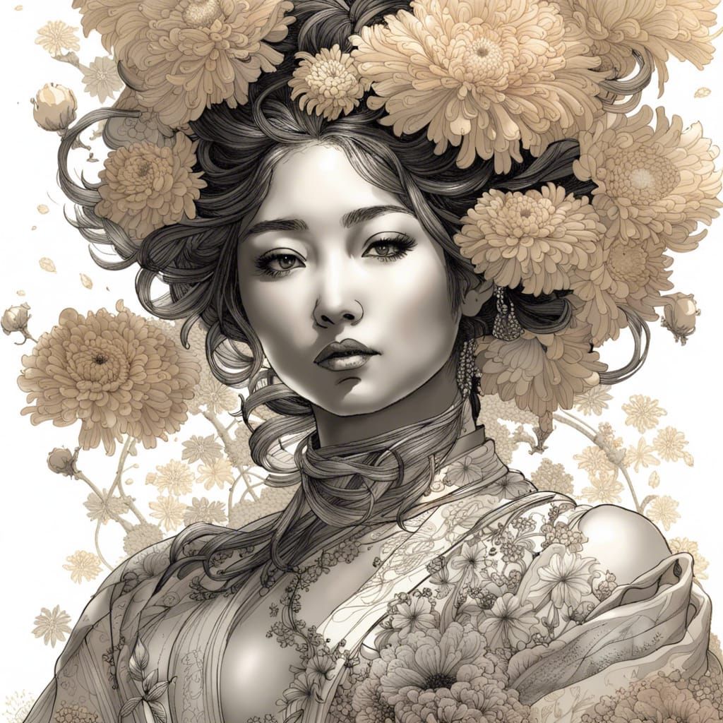 Beautiful gazing goddess covered in chrysanthemum flowers