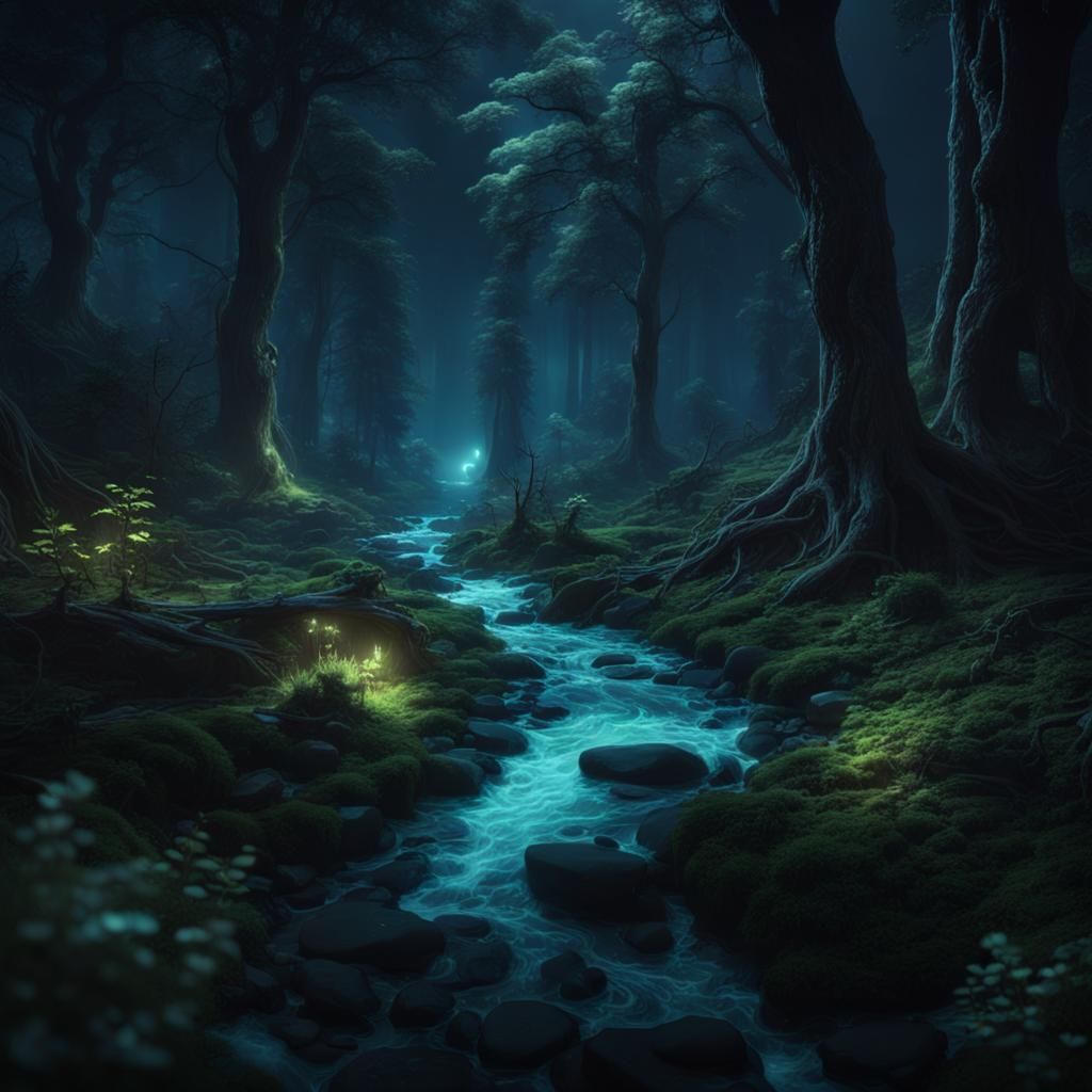 Phosphorescent Stream Illuminates Dark Forest: Fantasy Conce...