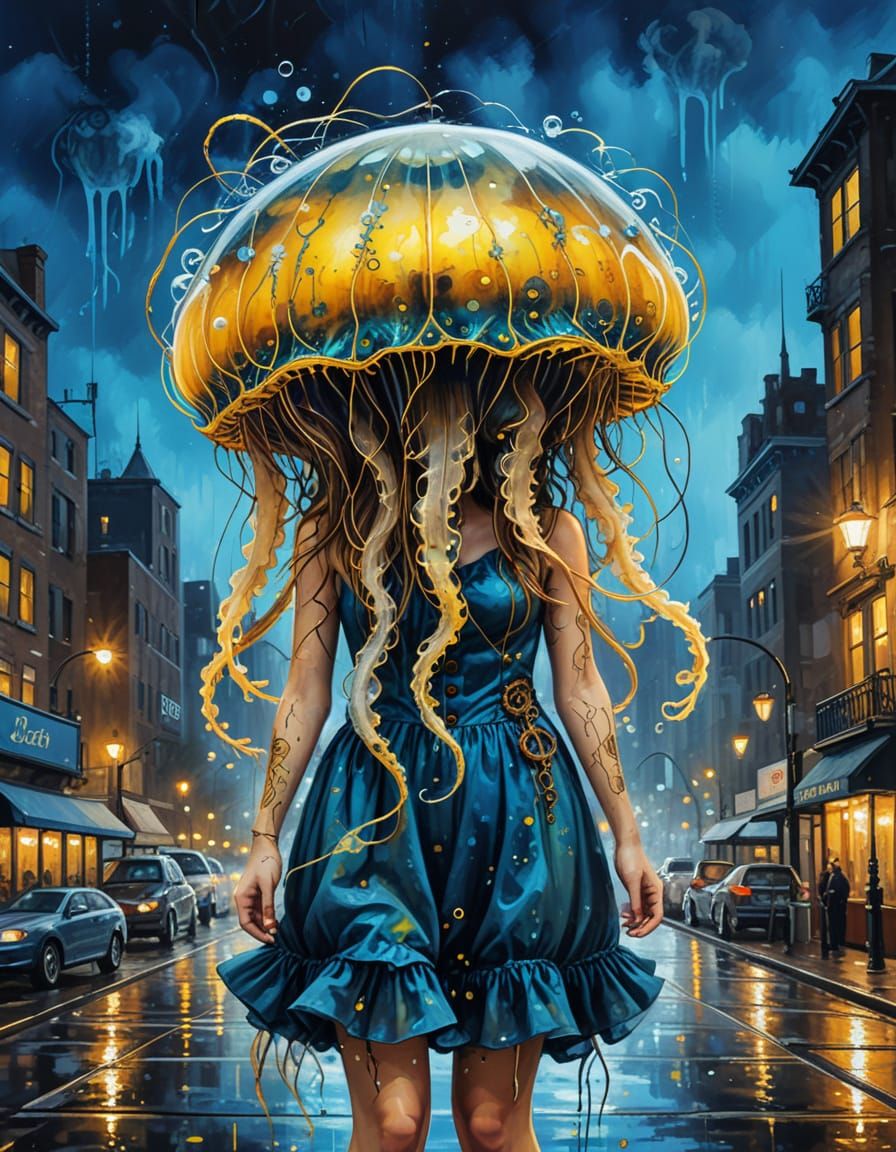 Steampunk Jellyfish in Blue Dress Oil Painting
