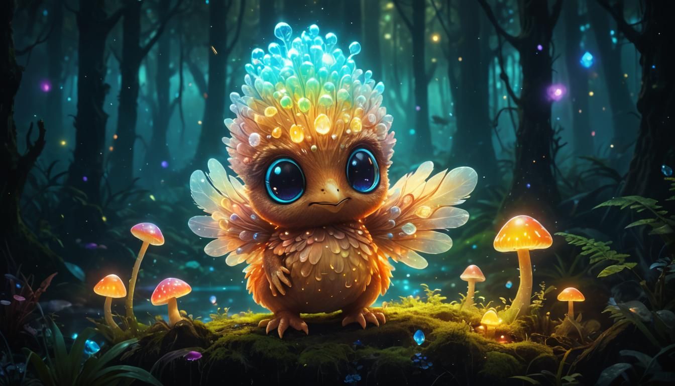 Glowing Cryptid Creature Explores Enchanted Mushroom Forest