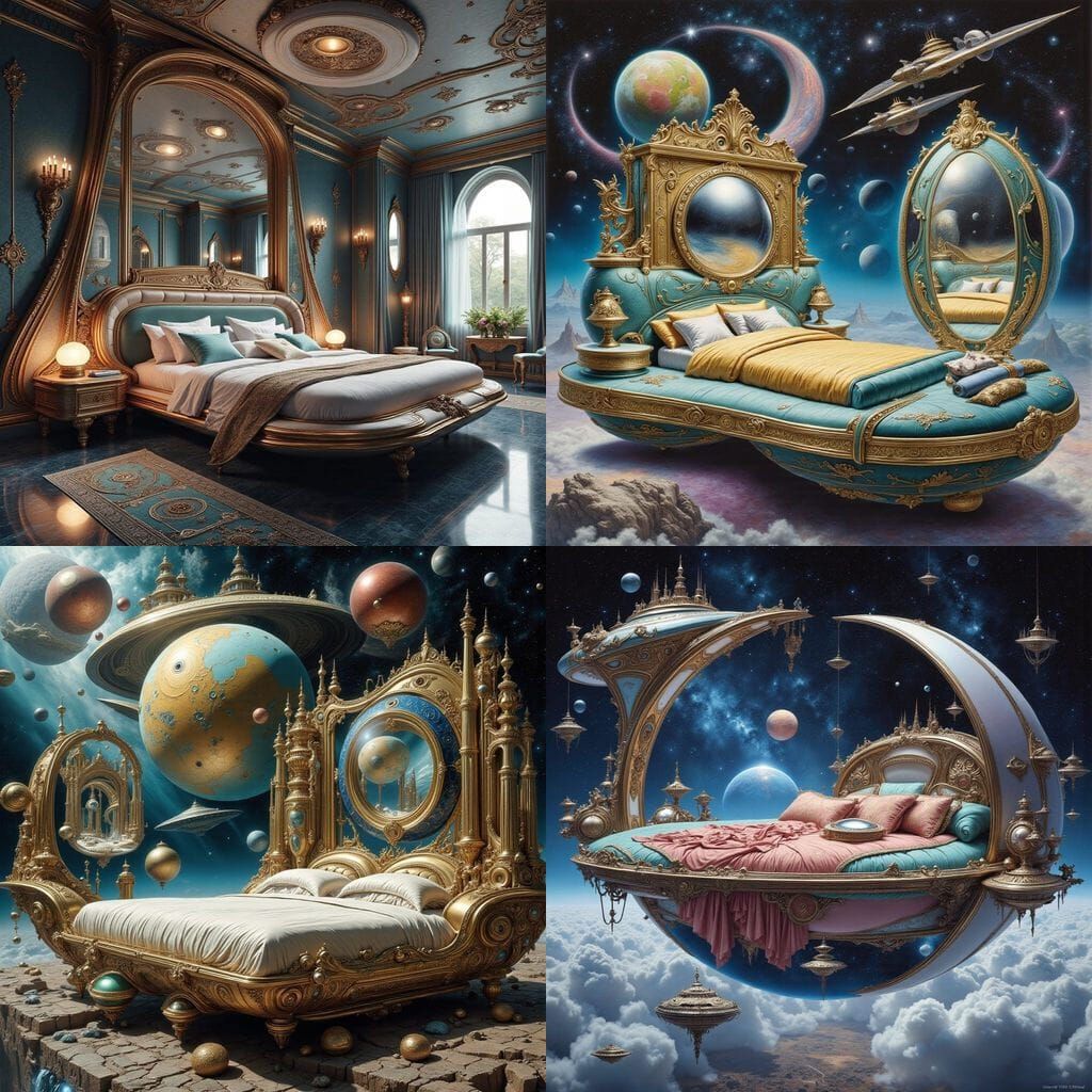 Surreal Futuristic Space Bed Scene in Cyberpunk Aesthetic