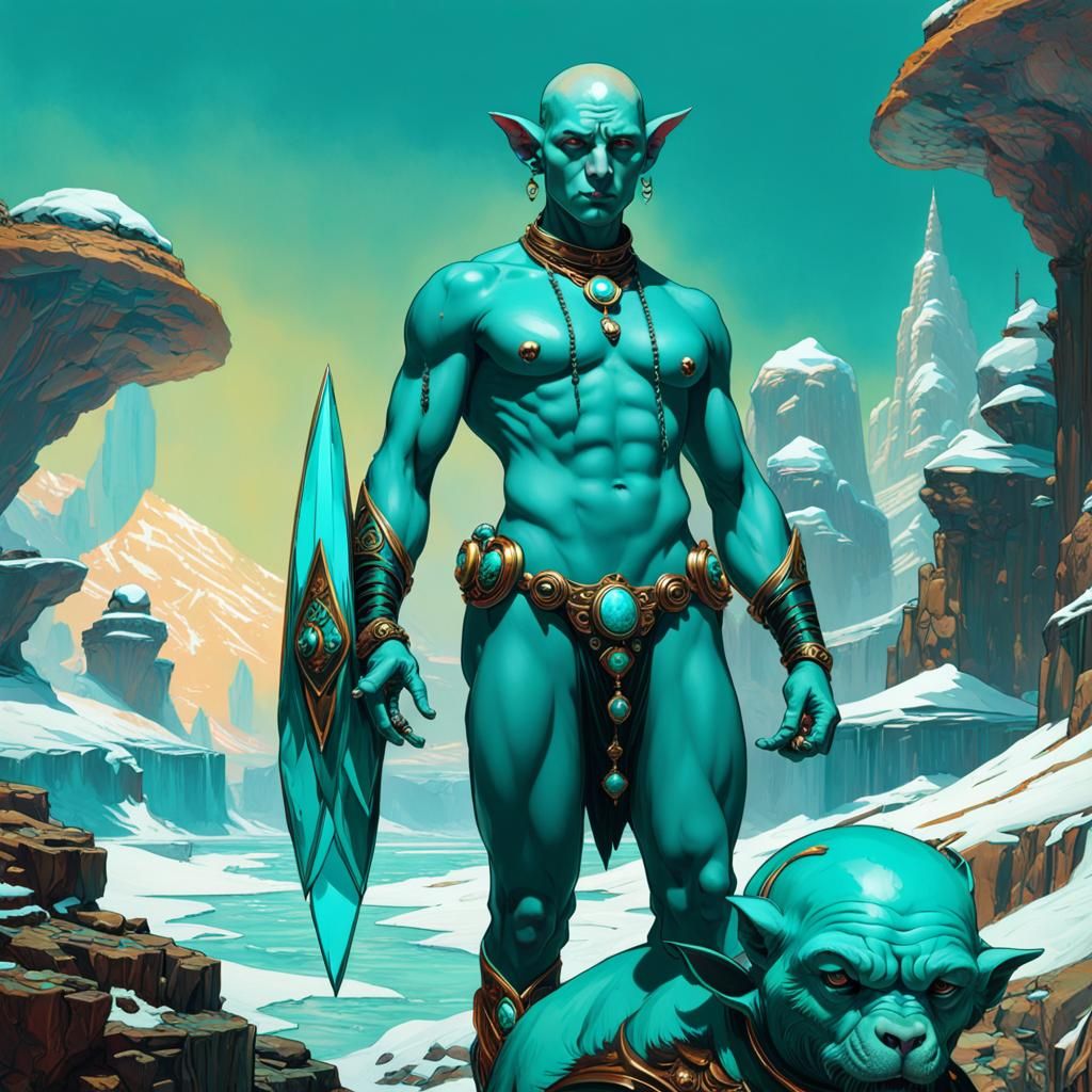 Turquoise Goblin Warlock Portrait in Art Nouveau Style