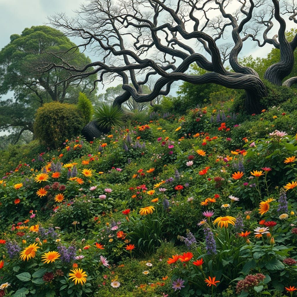 Vibrant Overgrown Garden on Hillside Slope in Dreamy Impress...