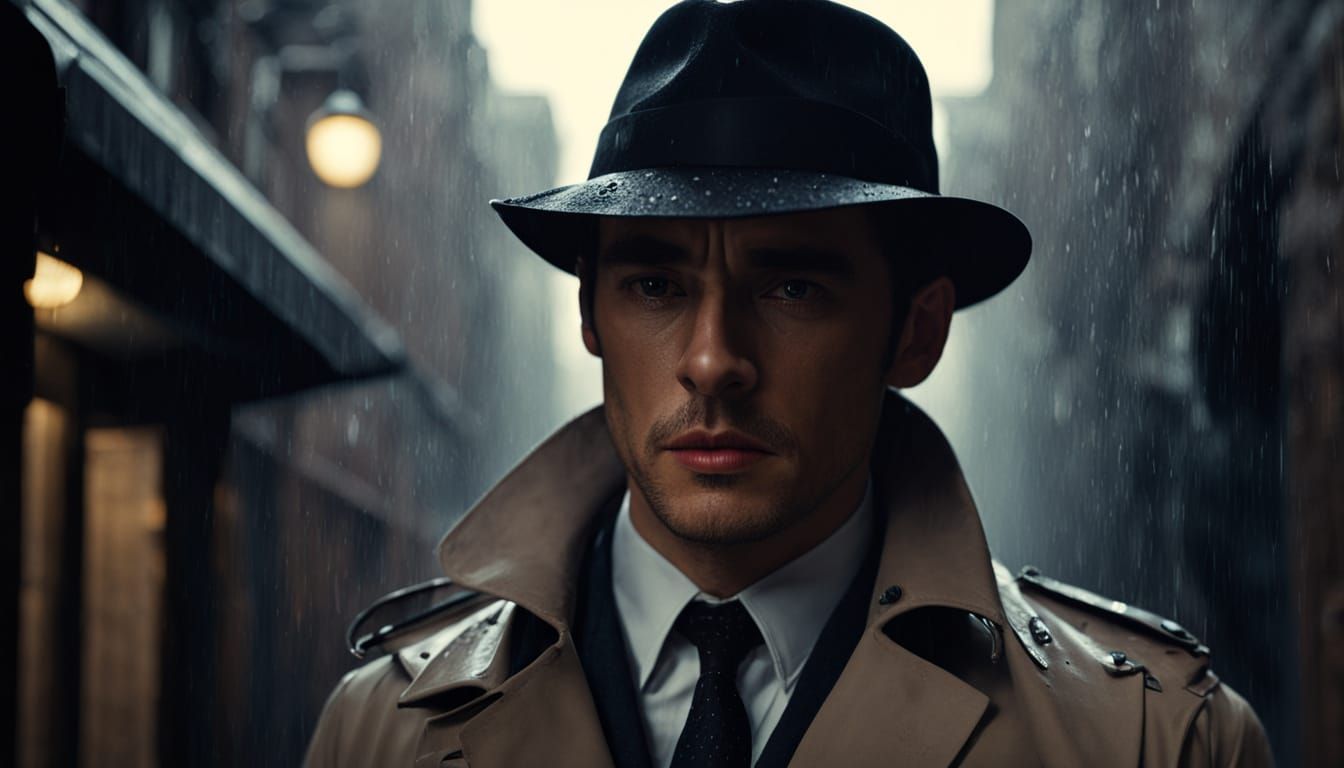 Detective in Rainy Alley: A Film Noir Scene