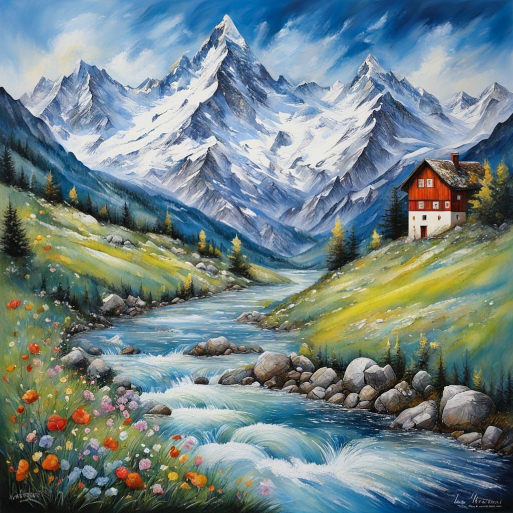 Majestic Swiss Alps Encaustic Painting
