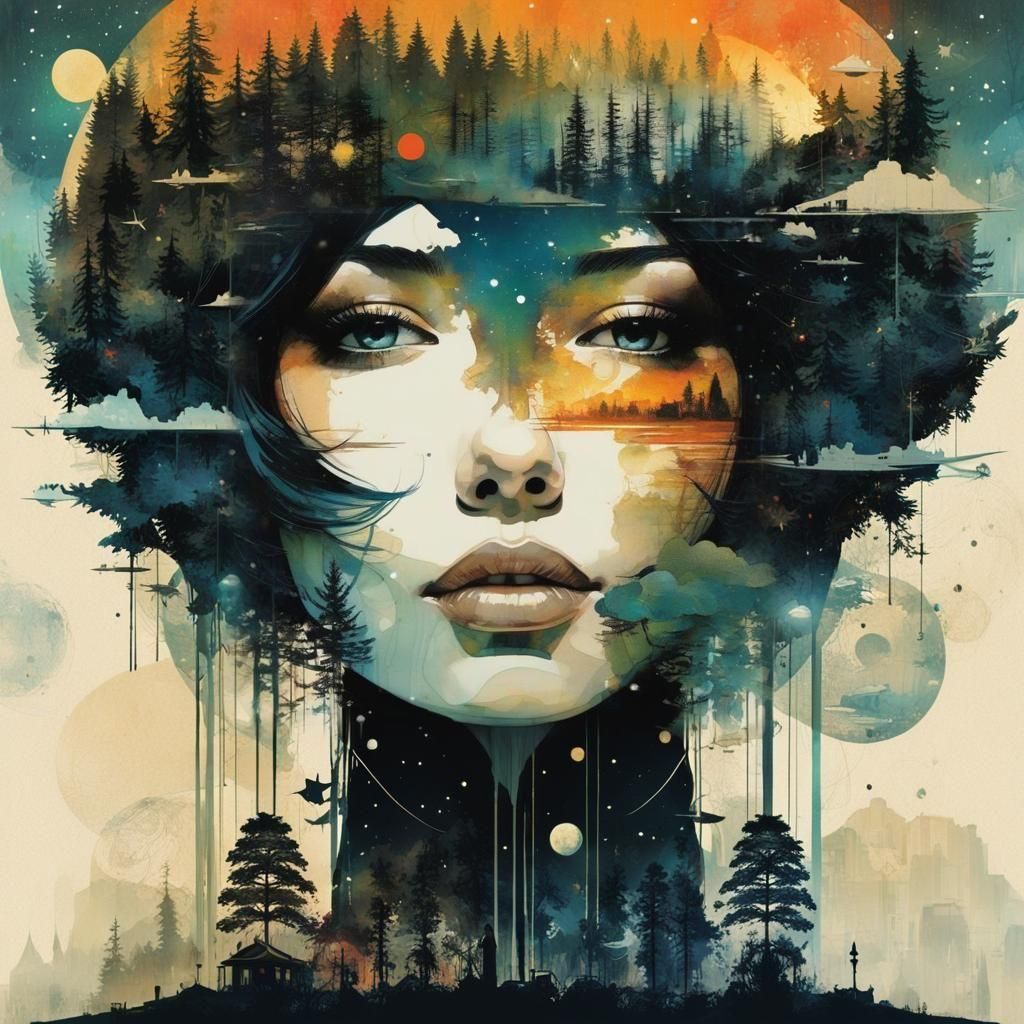 Intricate Double Exposure of Galaxy and Silhouette