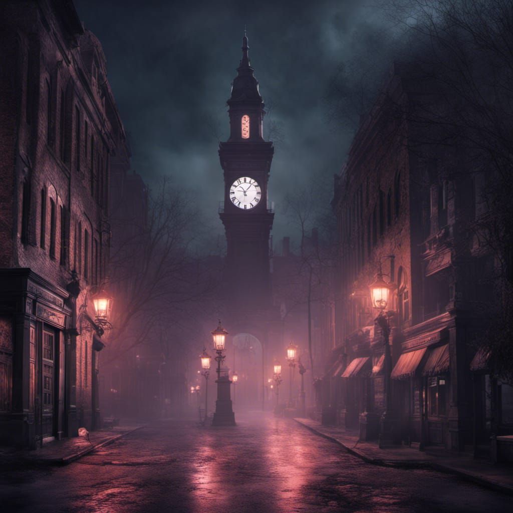 Mystic Falls Clock Tower at Night in Synthwave Style