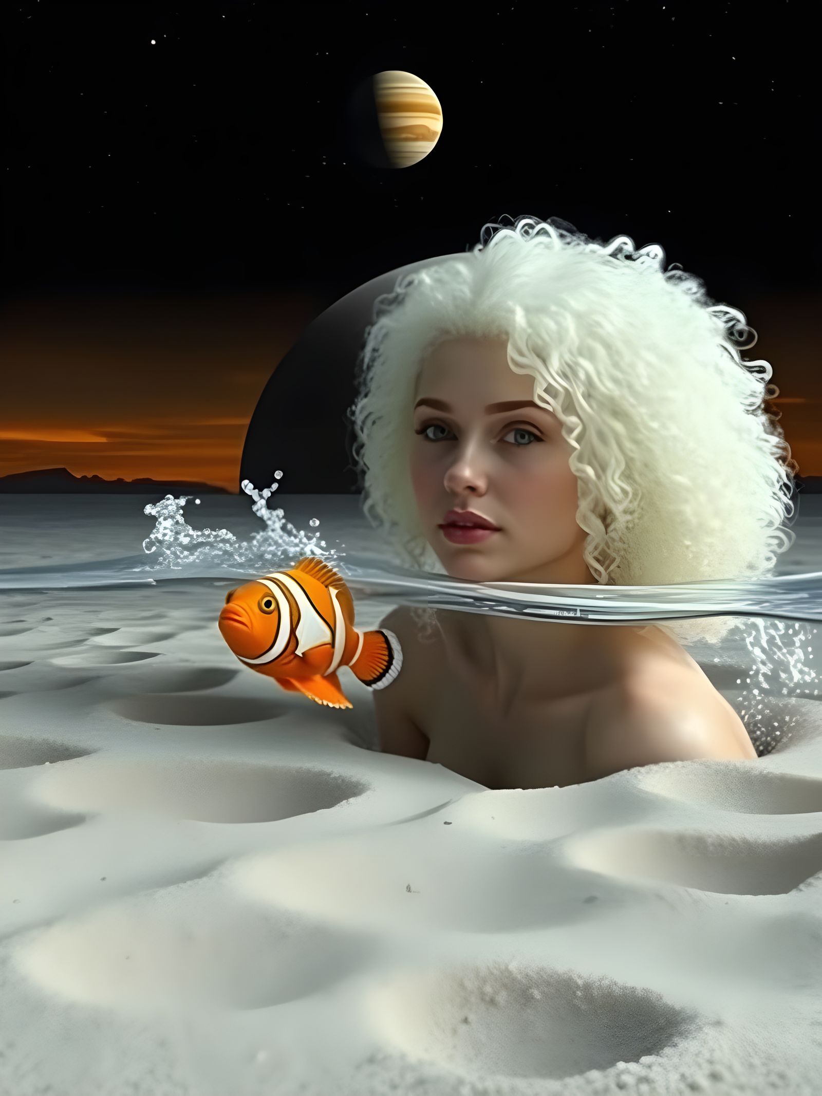 Albino Goddess Emerges from a Barren, Submerged Moonscape