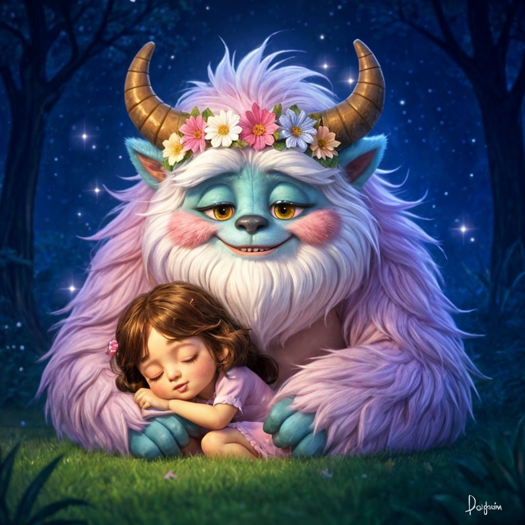 Fuzzy Pink Yeti Comforts Child: Pixar-Inspired Digital Art