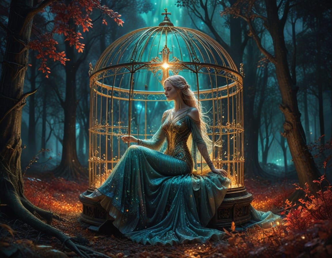Woman Trapped in Golden Cage in Autumn Forest